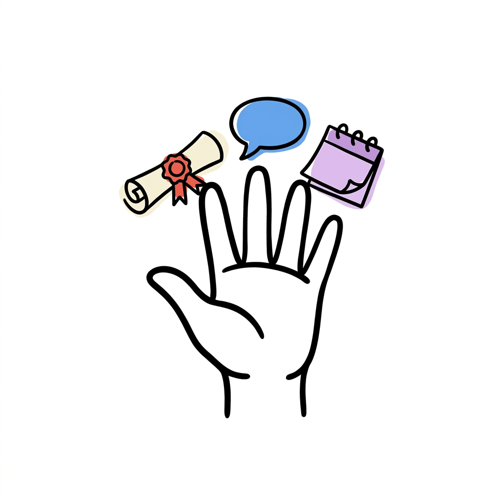 Hand-drawn open hand with a certificate scroll, a speech bubble for the forum and a calendar floating over the fingertips.