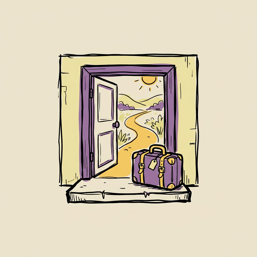 Hand-drawn open door onto a sunny path with a purple suitcase on the doorstep.