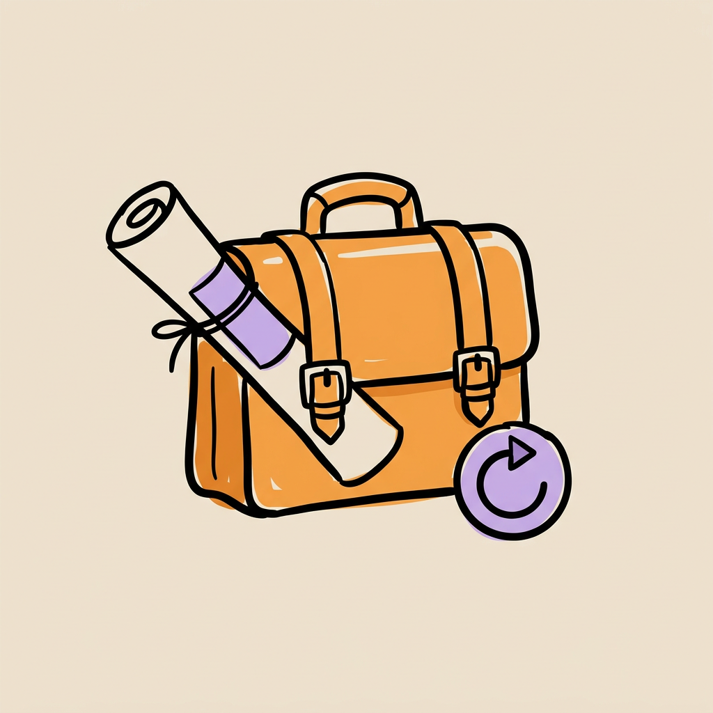 Hand-drawn orange briefcase with a rolled certificate and a purple loop badge.