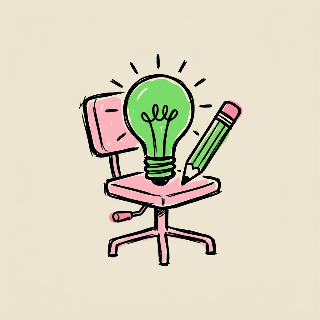 Hand-drawn pink office chair with a green light bulb and pencil.