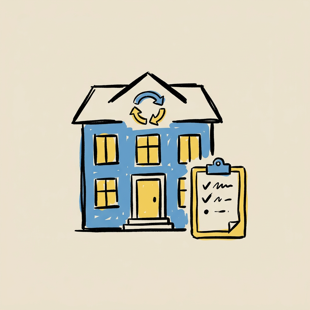 Hand-drawn blue office building with a recycling arrow on the roof and a clipboard.